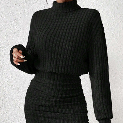 High Neck Ribbing Woolen Knit Suit