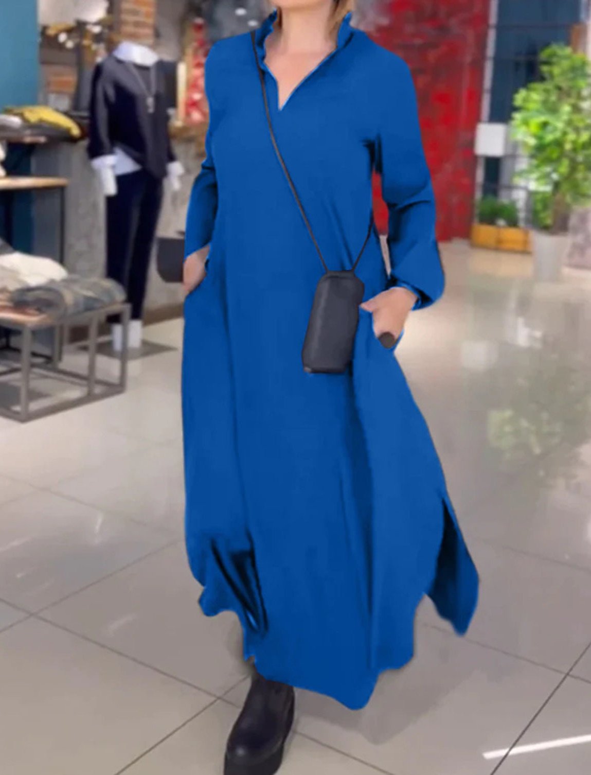 Plain Loose V-Neck Long Sleeve Maxi Dress