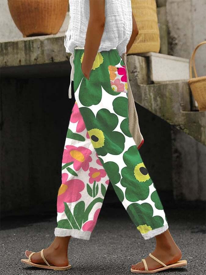 Fresh Floral Print Green Pants