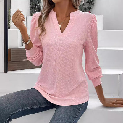 Pink V-Neck Jacquard Long Sleeve Loose T-Shirt