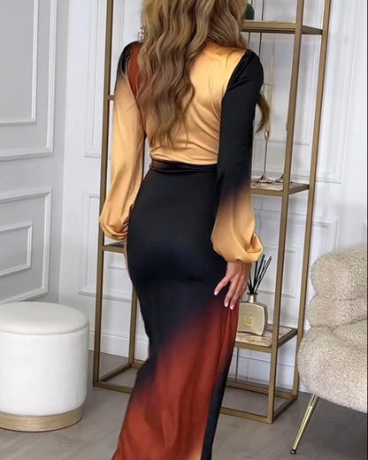 Vintage Style Long Sleeve Brown Maxi Dress