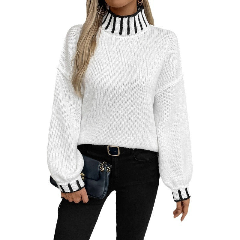 Loose Pullover Retro Color Matching Turtleneck Sweater