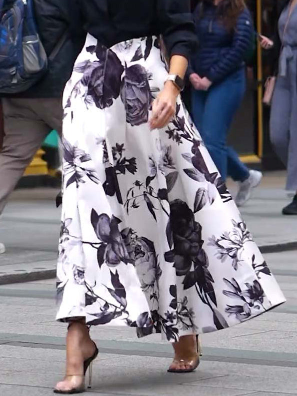 Solid Color Long-sleeved Shirt & Printed Wide Skirt Suit