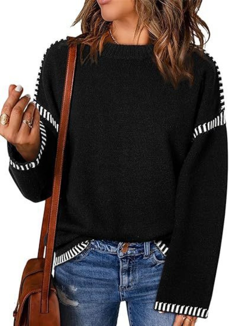 Loose Solid Round Neck Pullover Long Sleeve Top