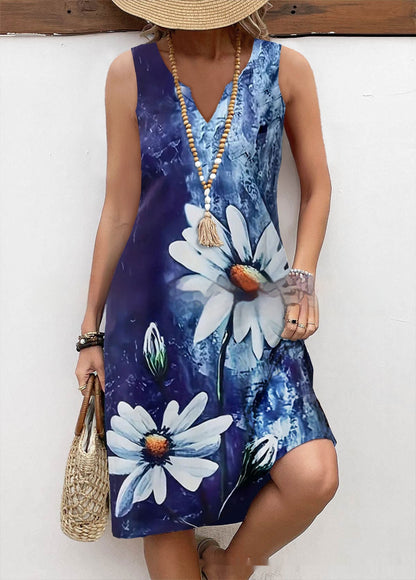 Vintage Printed V-Neck Sleeveless Dress