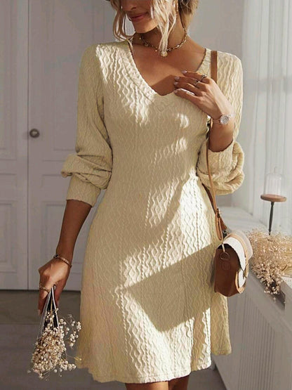 Elegant V-Neck Textured Long Sleeve Dress