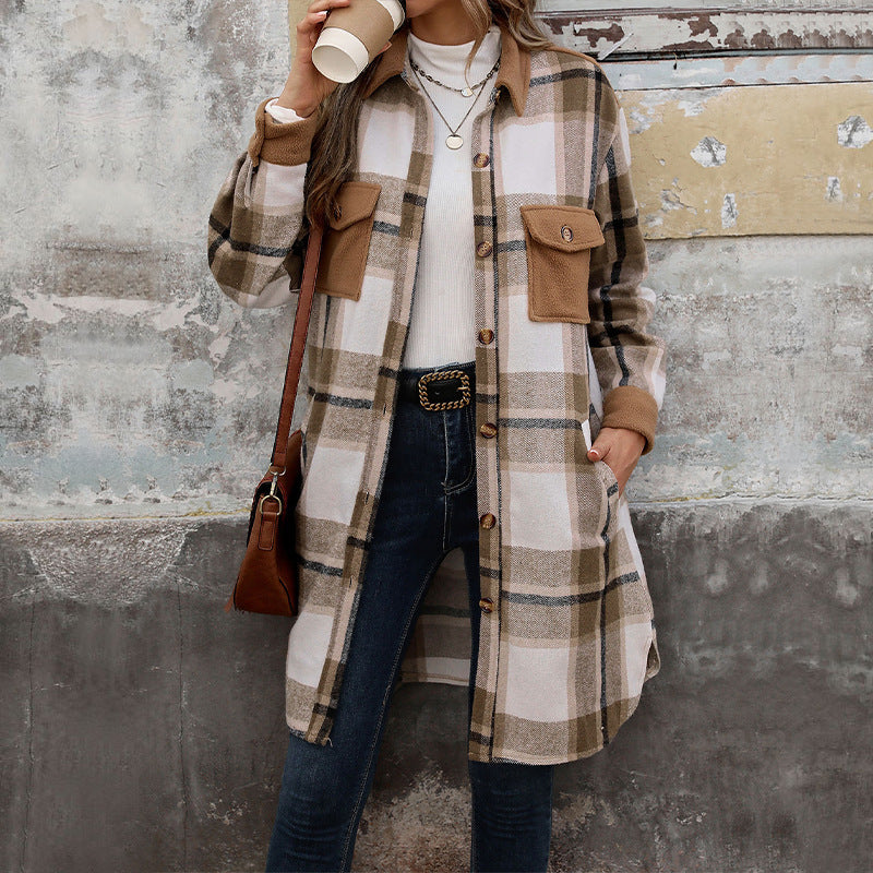 Brushed Plaid Long Coat With Pockets