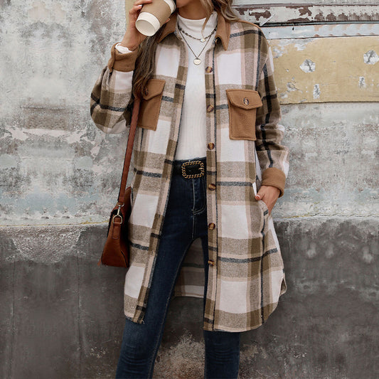 Brushed Plaid Long Coat With Pockets