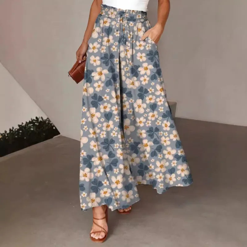 Fresh Floral Print Elastic Waist Pants