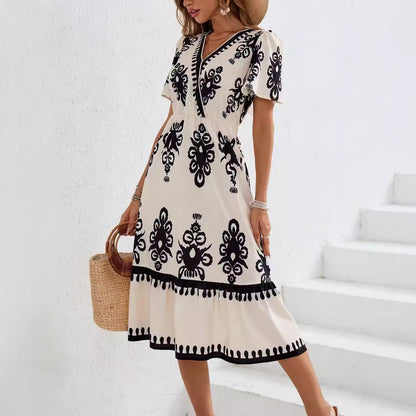 Puffy Sleeve Ultra High Neck Floral Print Wrap Dress