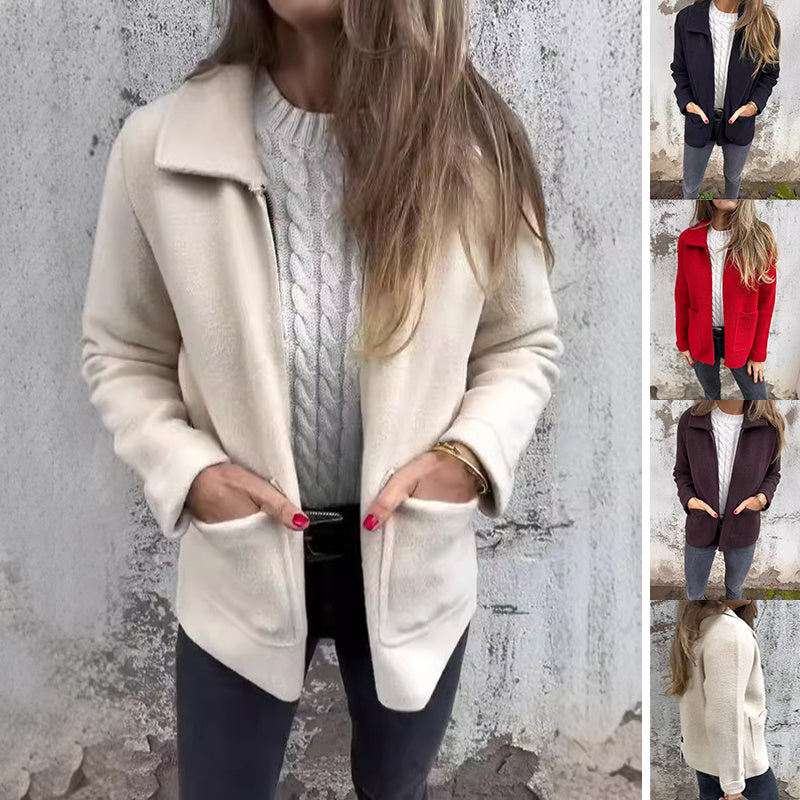 Lapel Zipper Jacket With Pockets Solid Color Coat