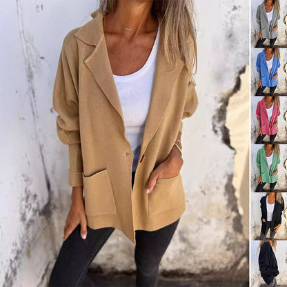 Casual Lapel Jacket with Pockets - Versatile Long Sleeve Coat