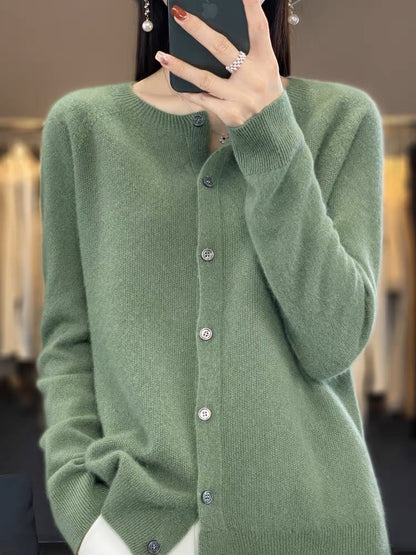 Elegant Wool Round Neck Long Sleeve Cashmere Cardigan