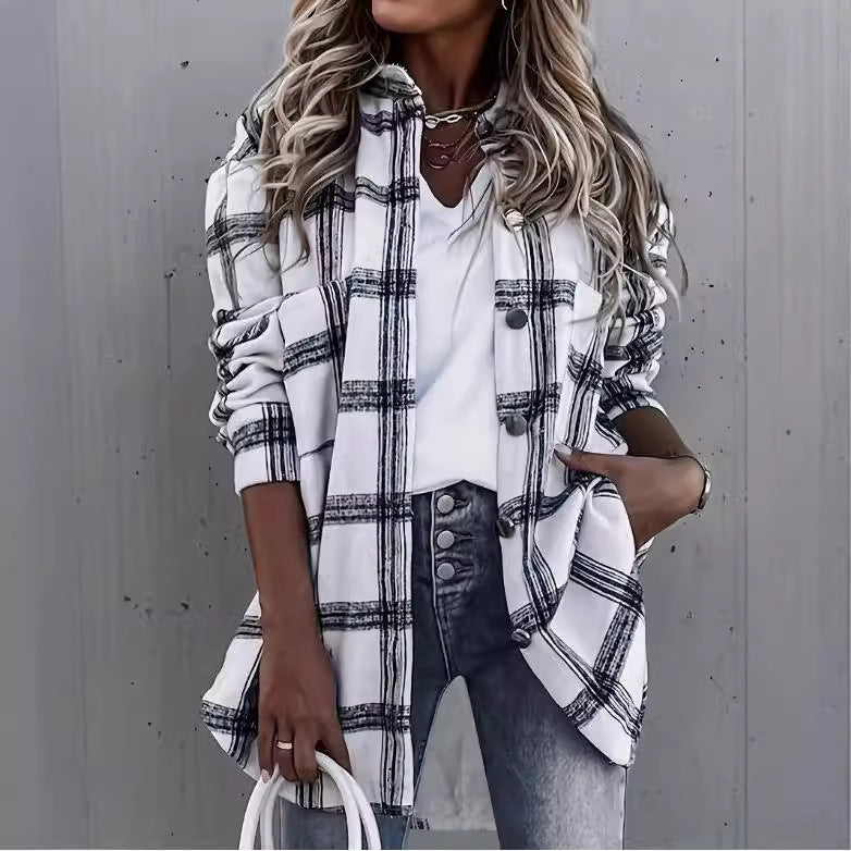 Chic Long Sleeve Check Outerwear