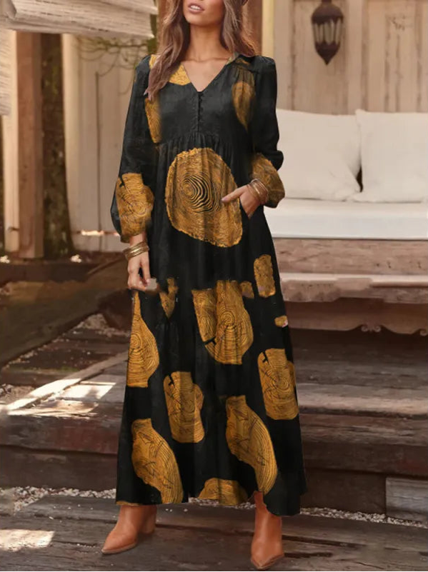 Vintage V-Neck Long Sleeve Maxi Dress