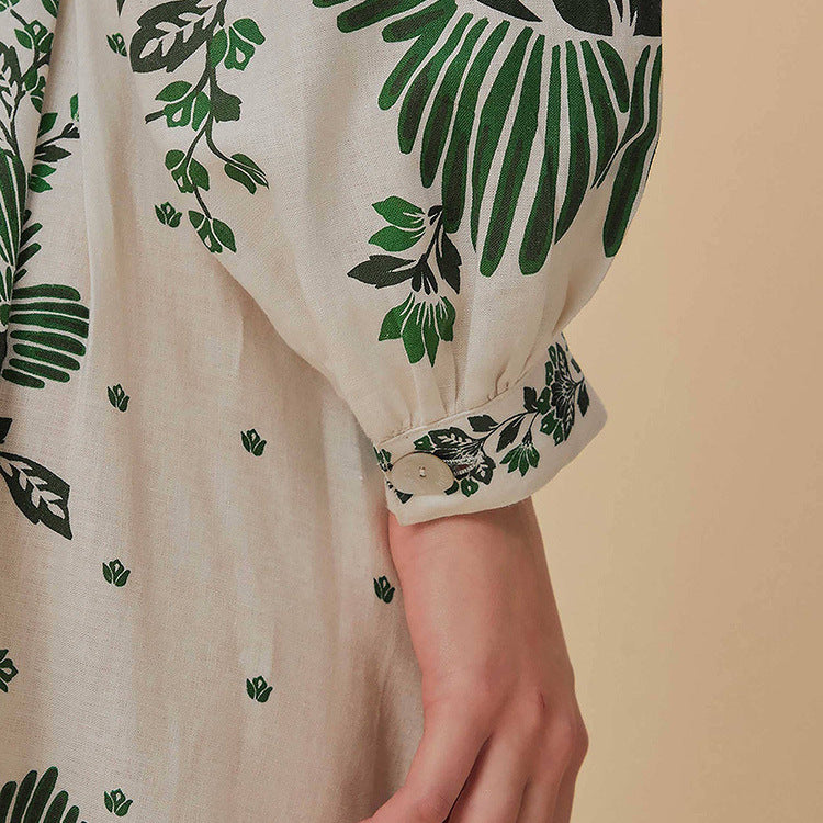 Printed Long Lantern Sleeve V-neck Dress