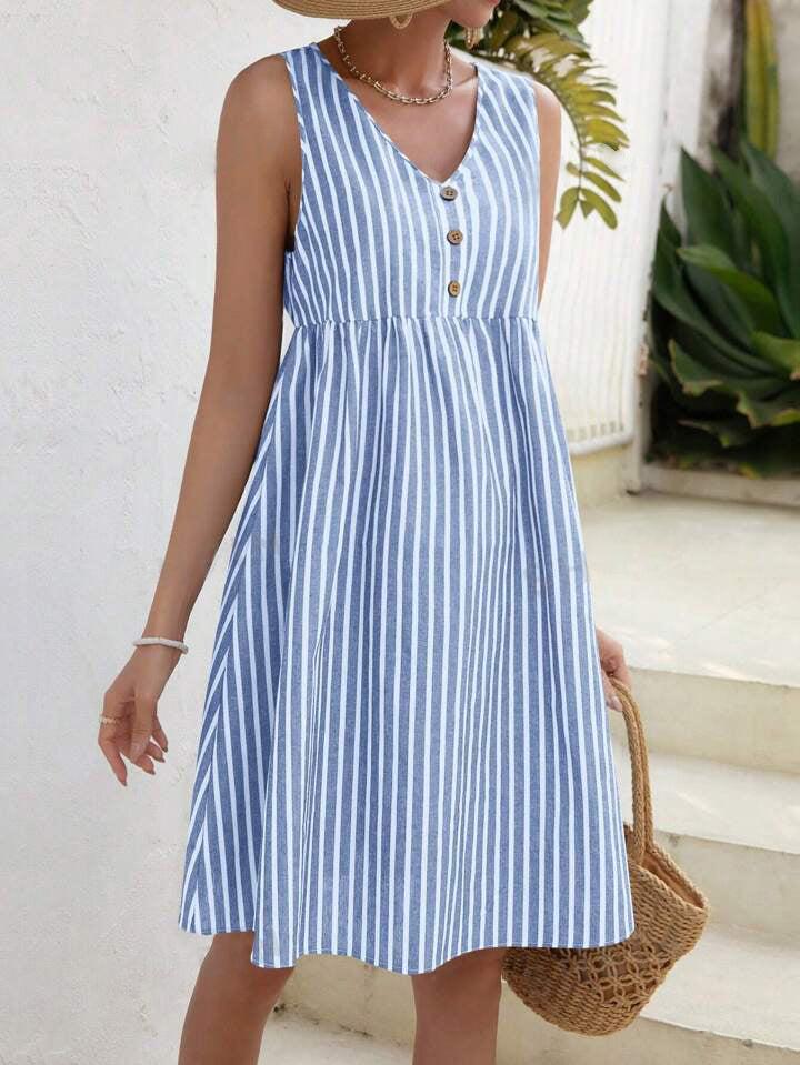 Light Blue Sleeveless Striped Mini Dress