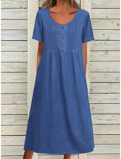 U-Shaped Collar Mid-Length Denim Short Sleeve Dress