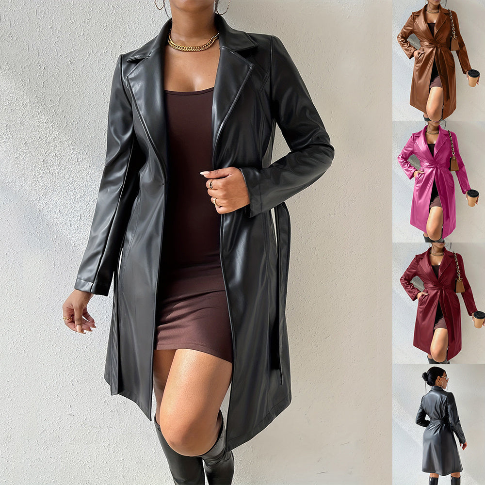 Slim Fit Long Sleeve Lapel PU Leather Trench Coat