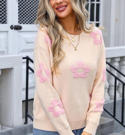 Fresh Round Neck Long Sleeve Floral Print Sweater