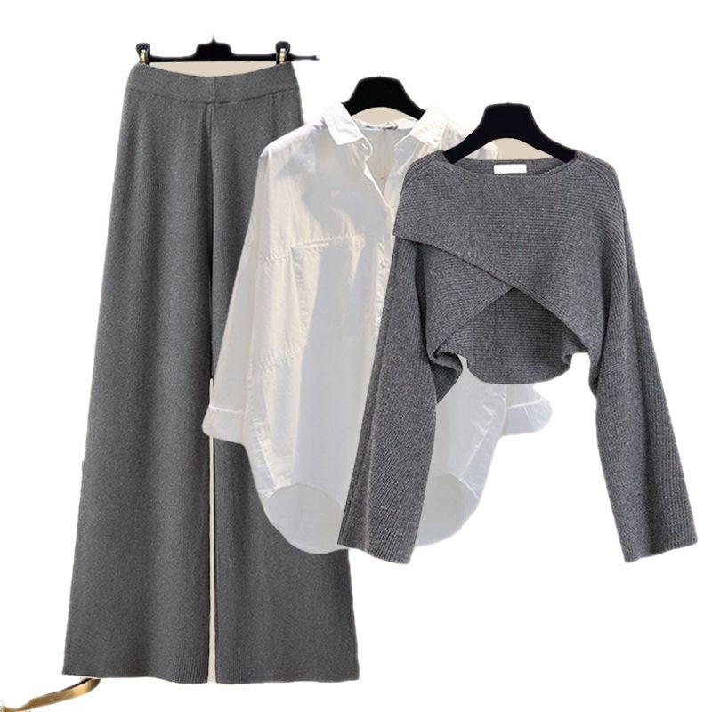 Knitted Sweater Shirt And Wide Leg Pants Three-Piece Set