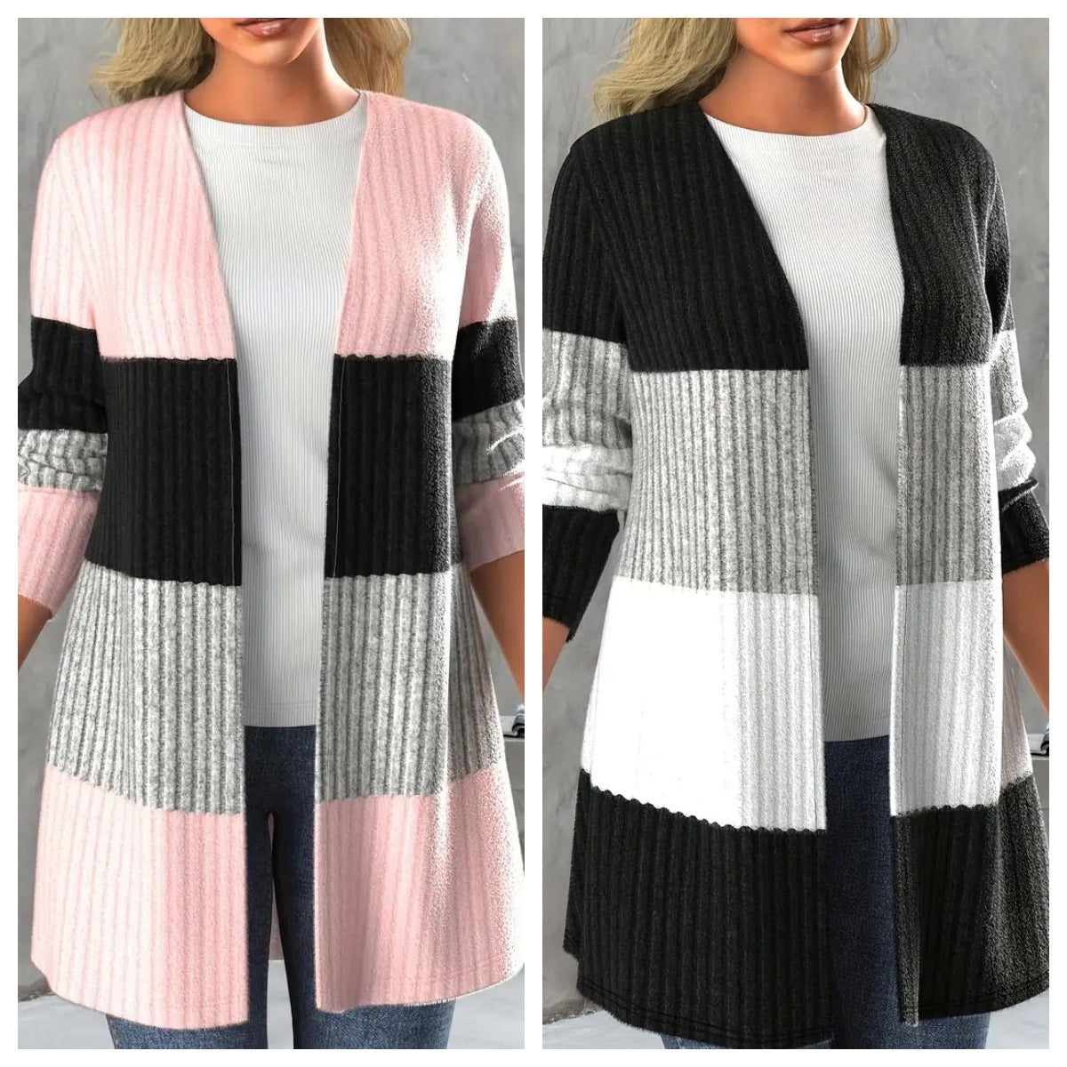 Colorblocked Striped Split Neck Casual Long Jacket