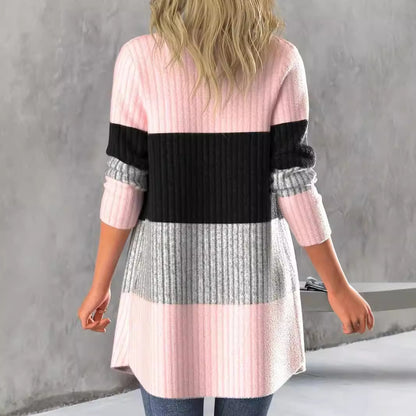 Colorblocked Striped Split Neck Casual Long Jacket