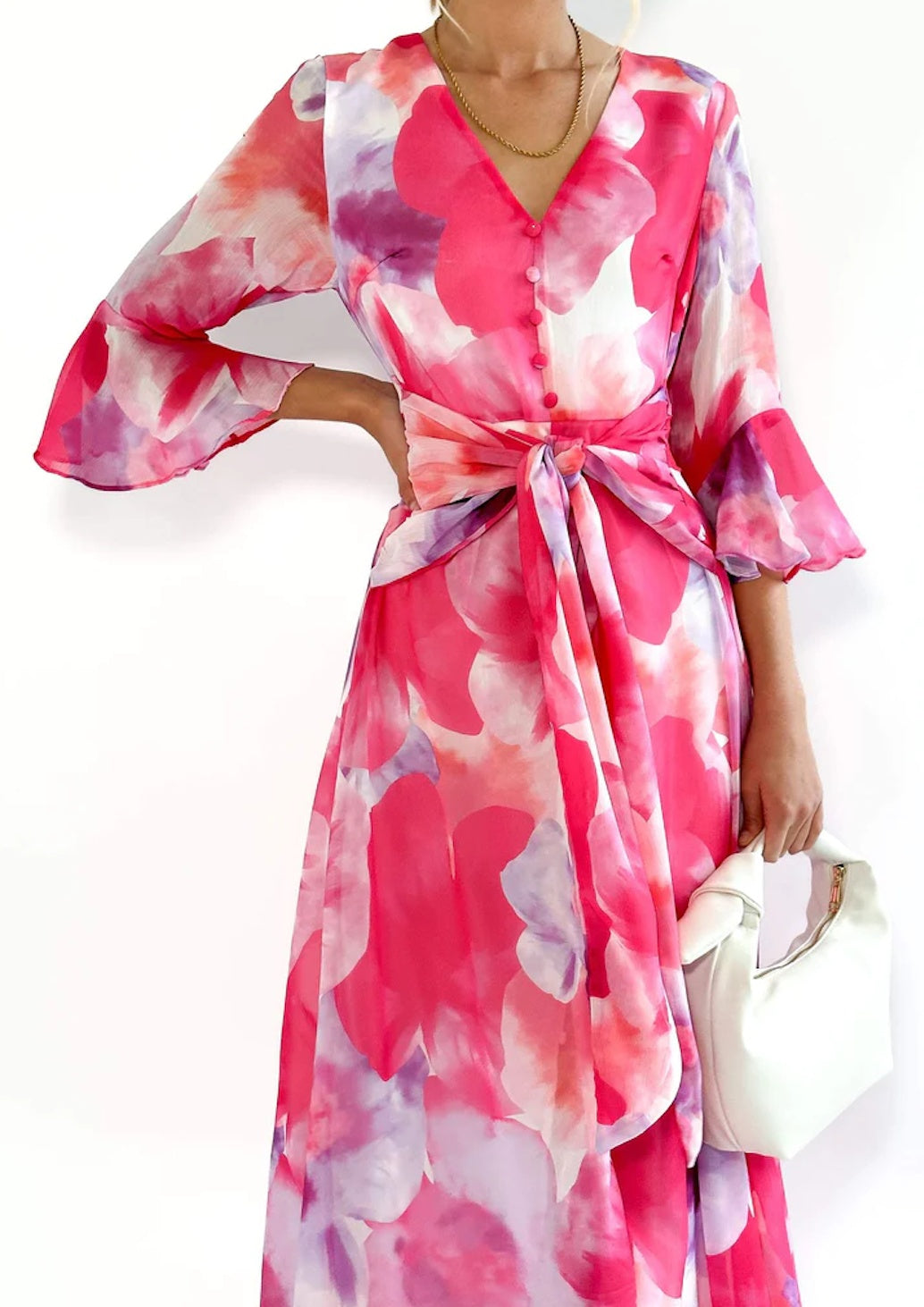 Pink Elegant Printed Crease Mid-Dress