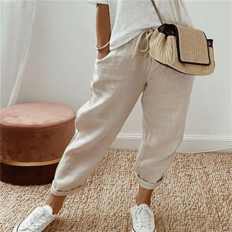 Apricot Plain Side Pocket Elastic Drawstring Waist Pants