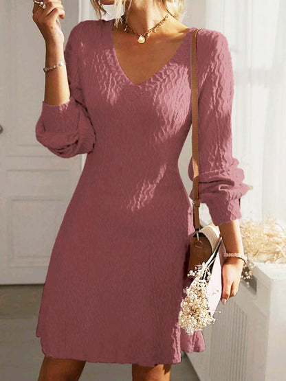 Elegant V-Neck Textured Long Sleeve Dress