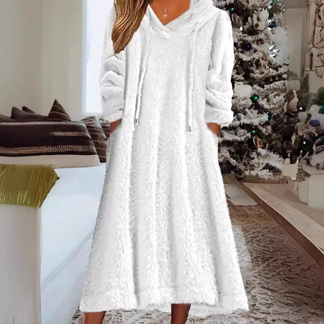 Loose Casual Fluff Hooded Long Sleeve Dress