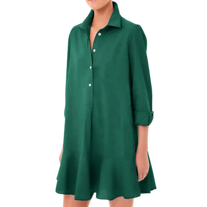 Solid Color Long Sleeve Lapel Shirt Hem Lotus Leaf Dress