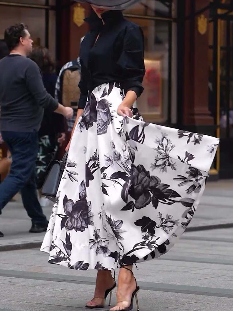 Solid Color Long-sleeved Shirt & Printed Wide Skirt Suit