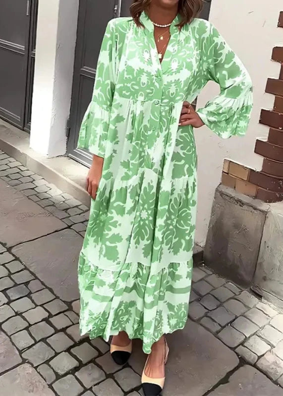 Attractive V-Neck 3/4 Sleeve Maxi Dress