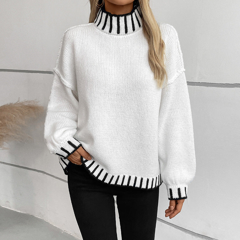 Loose Pullover Retro Color Matching Turtleneck Sweater