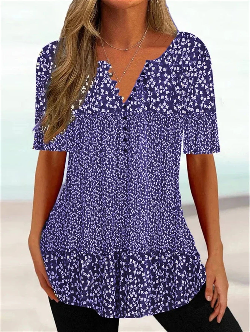 Loose V-Neck Short Sleeve Button Print T-Shirt