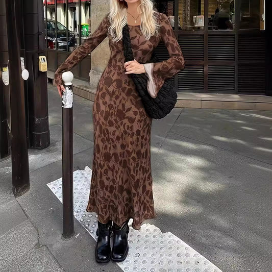 Contrast Color Skinny Long Sleeve Maxi Dress