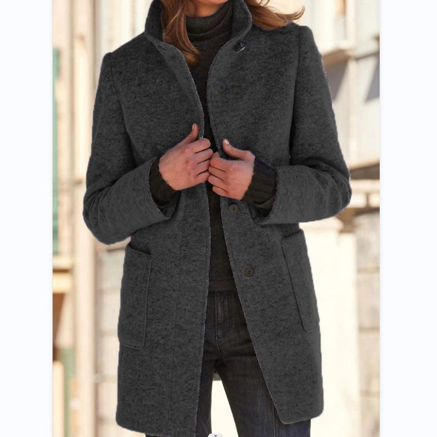 Vintage Solid Button Stand Collar Wool Coat