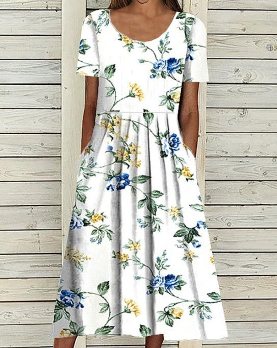 Casual Round Neck Printed Pocket Dress