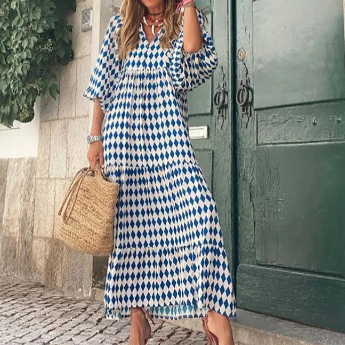 Geometric Collage Puff Sleeve Maxi Dress