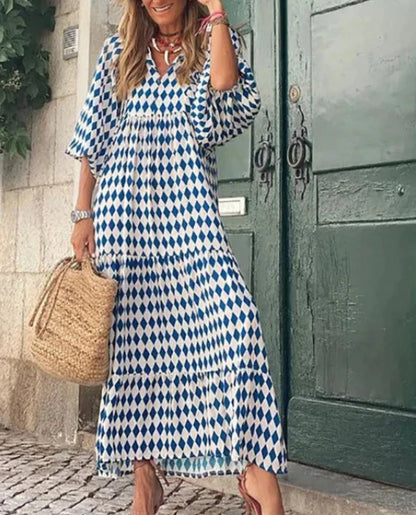 Geometric Collage Puff Sleeve Maxi Dress