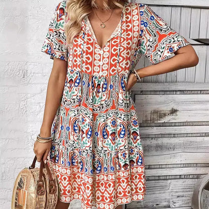 Fresh Print Short Sleeve Mini Dress