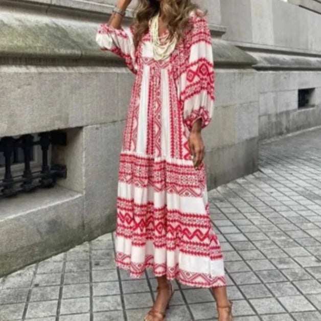 Geometric Collage Puff Sleeve Maxi Dress