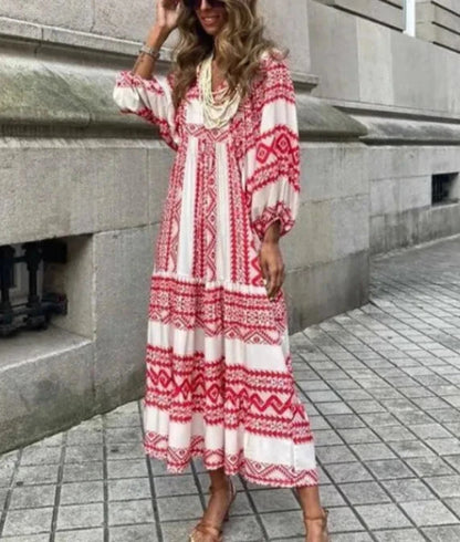 Geometric Collage Puff Sleeve Maxi Dress