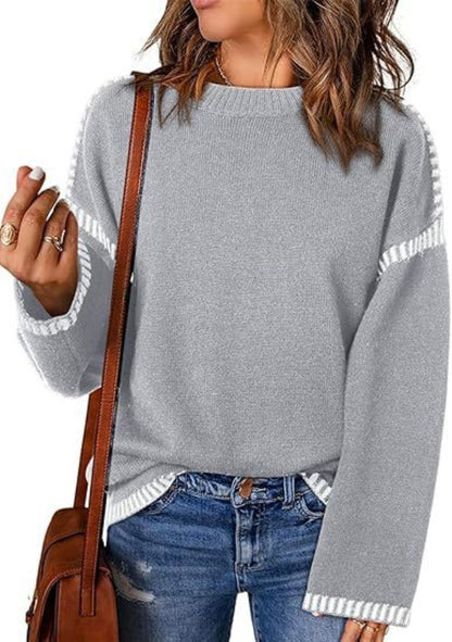 Loose Solid Round Neck Pullover Long Sleeve Top