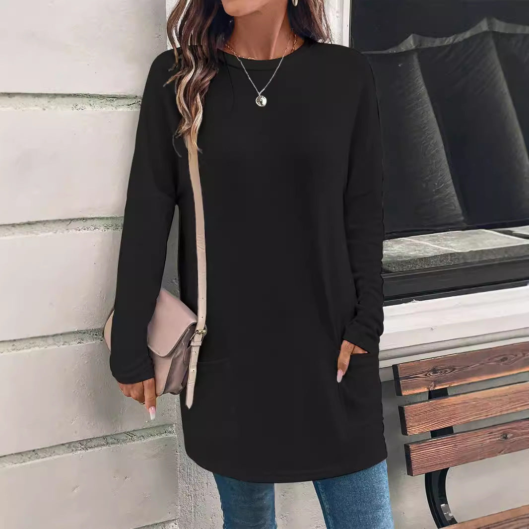 Solid Color Long Sleeve Loose Round Neck Pocket T-Shirt