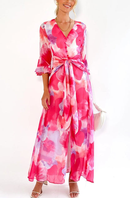 Pink Elegant Printed Crease Mid-Dress