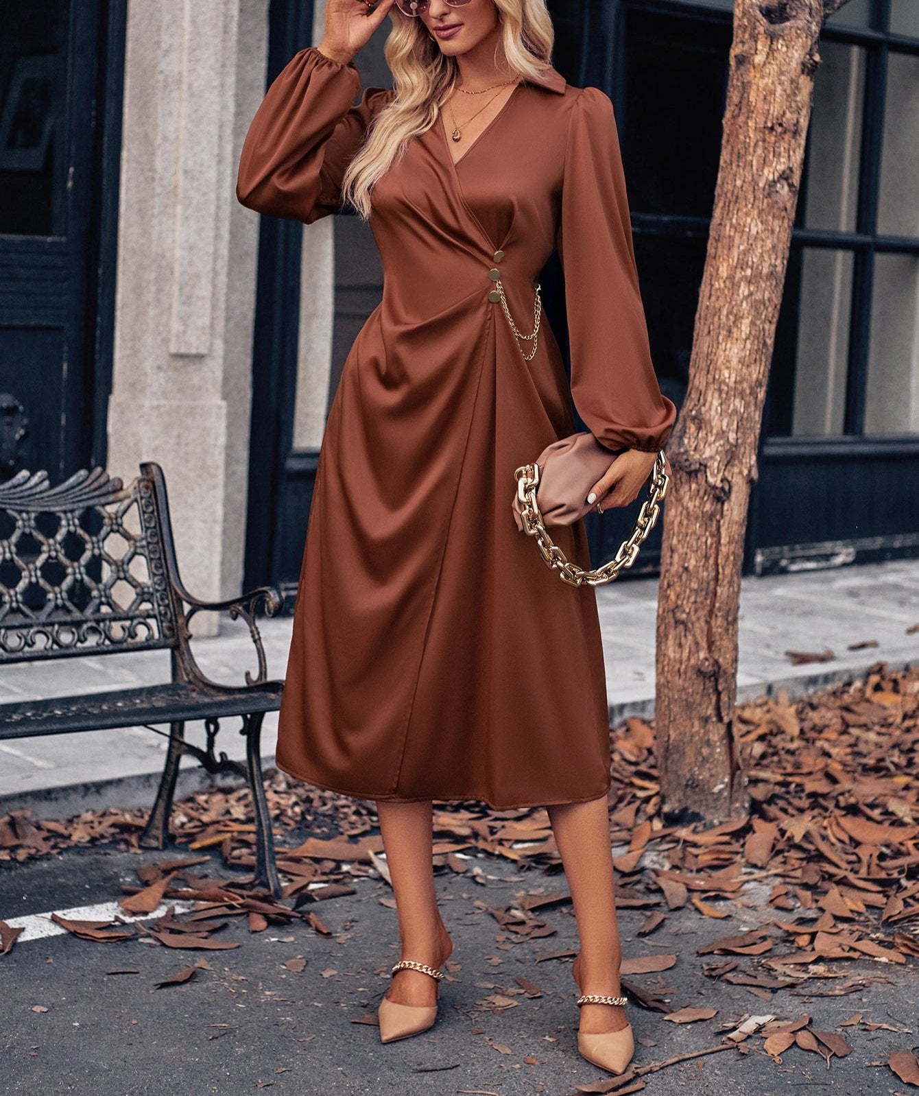 Leisure V-neck Solid Color Tie Waist Long Sleeve Dress