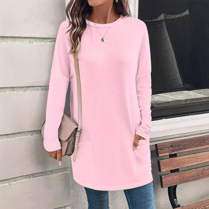 Solid Color Long Sleeve Loose Round Neck Pocket T-Shirt