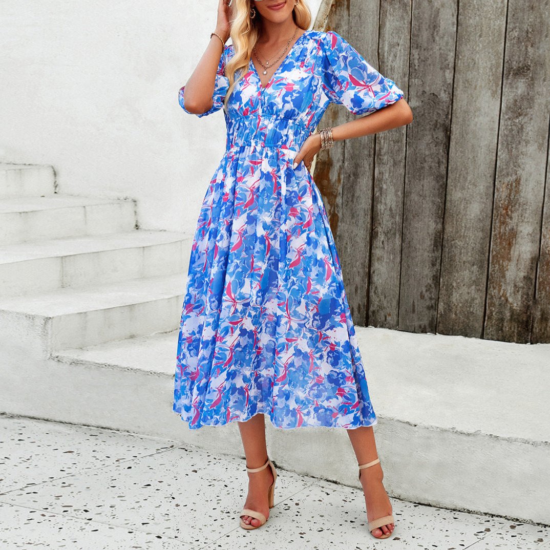 Festive Floral Print Slim V-Neck Dress